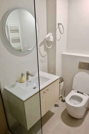 A bathroom with a white sink, mirror, toilet, and towel rack. - GUDASKI Apartments (Kazbegi)