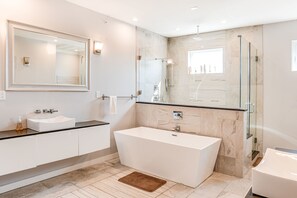 Hair dryer, towels, soap, shampoo