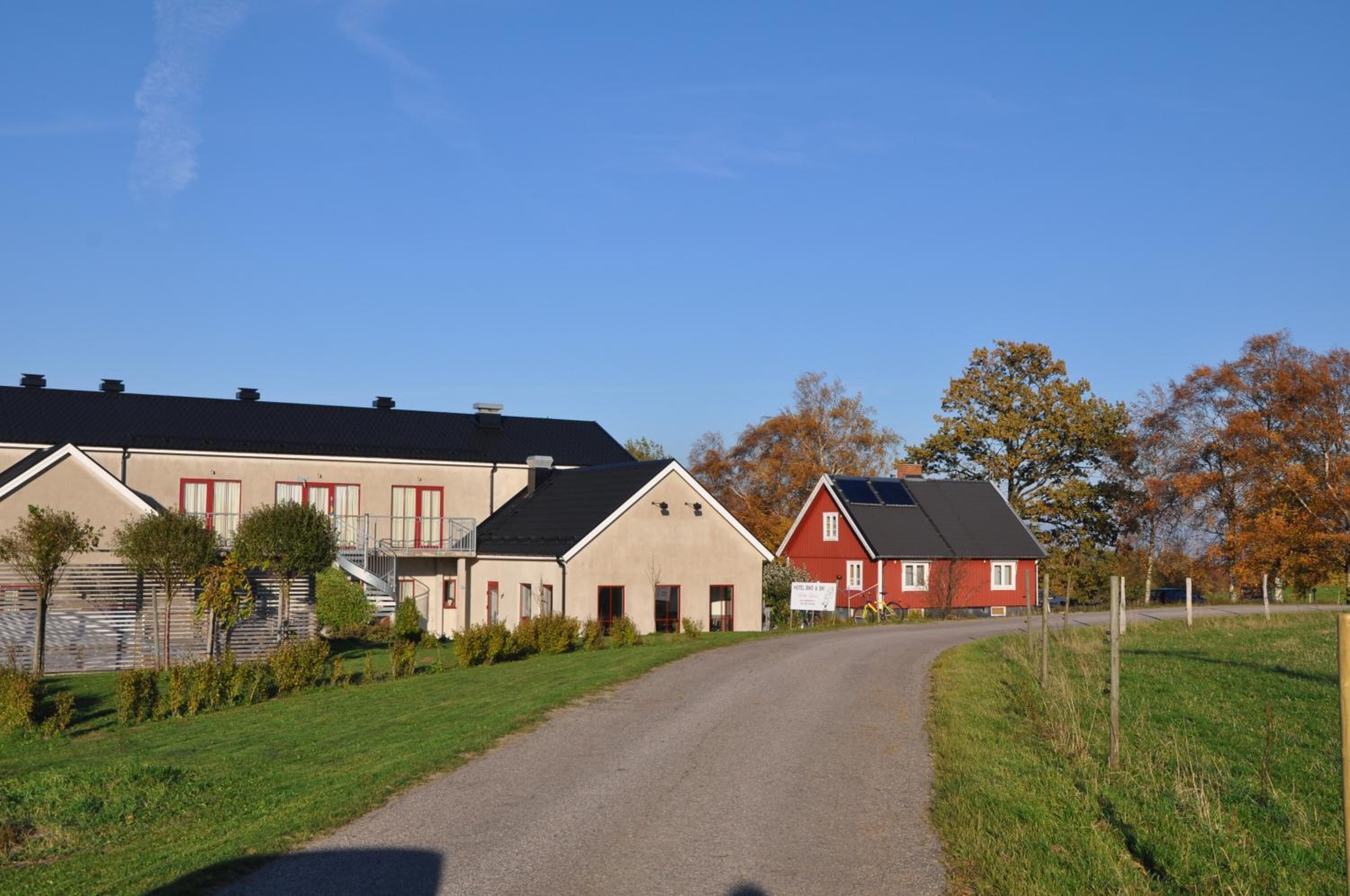 A rural road leading to a row of houses with a clear sky above.