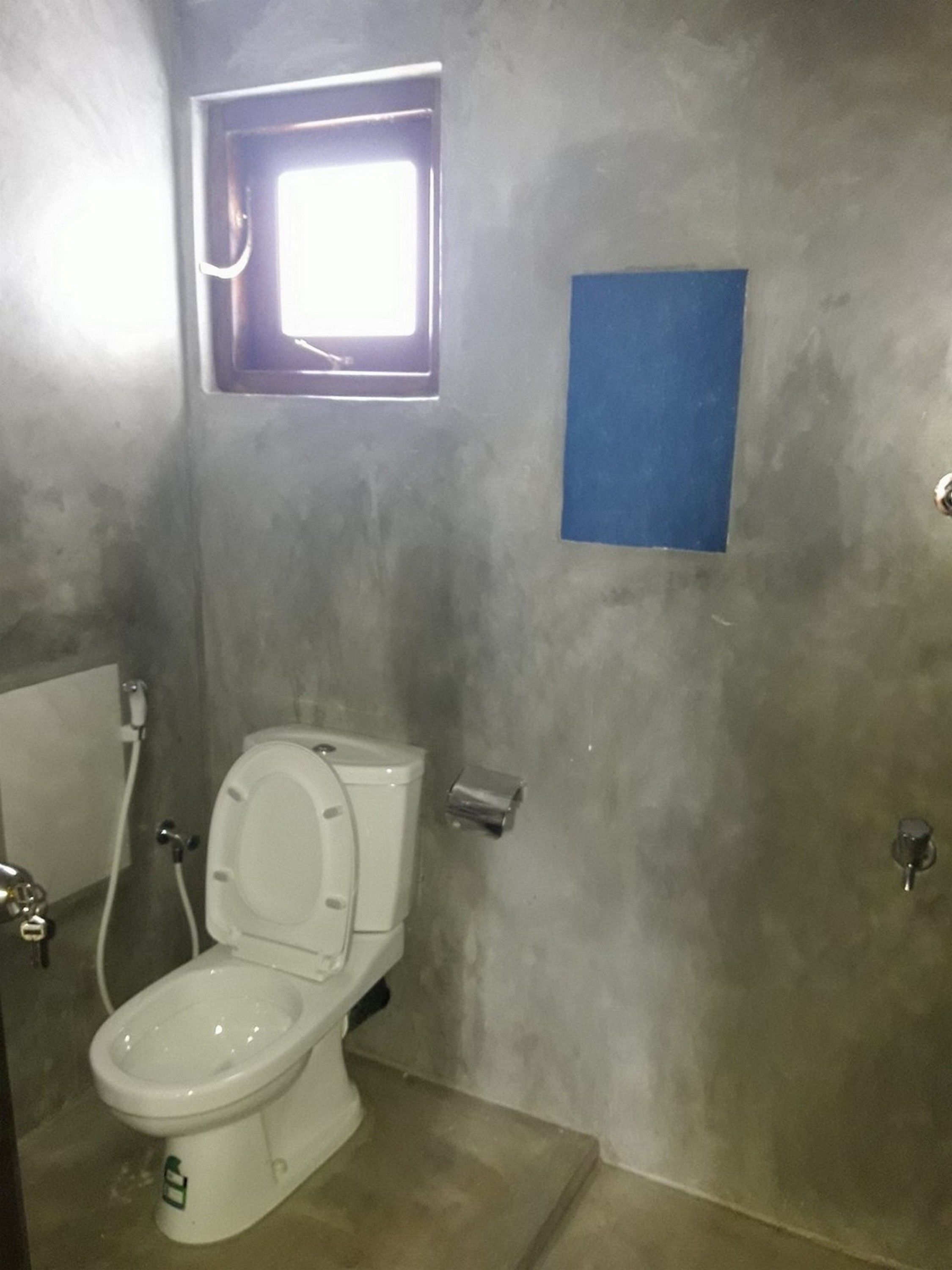 A bathroom with a toilet, a small window, and a blue wall panel.