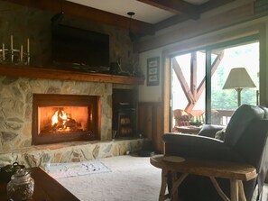 LIVING ROOM WITH GAS FIRE PLACE AND DECK OVER FALLS