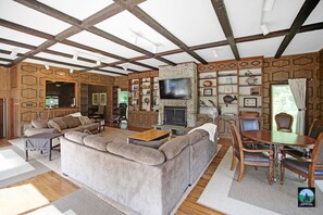 TV, caminetto, lettore DVD, libri