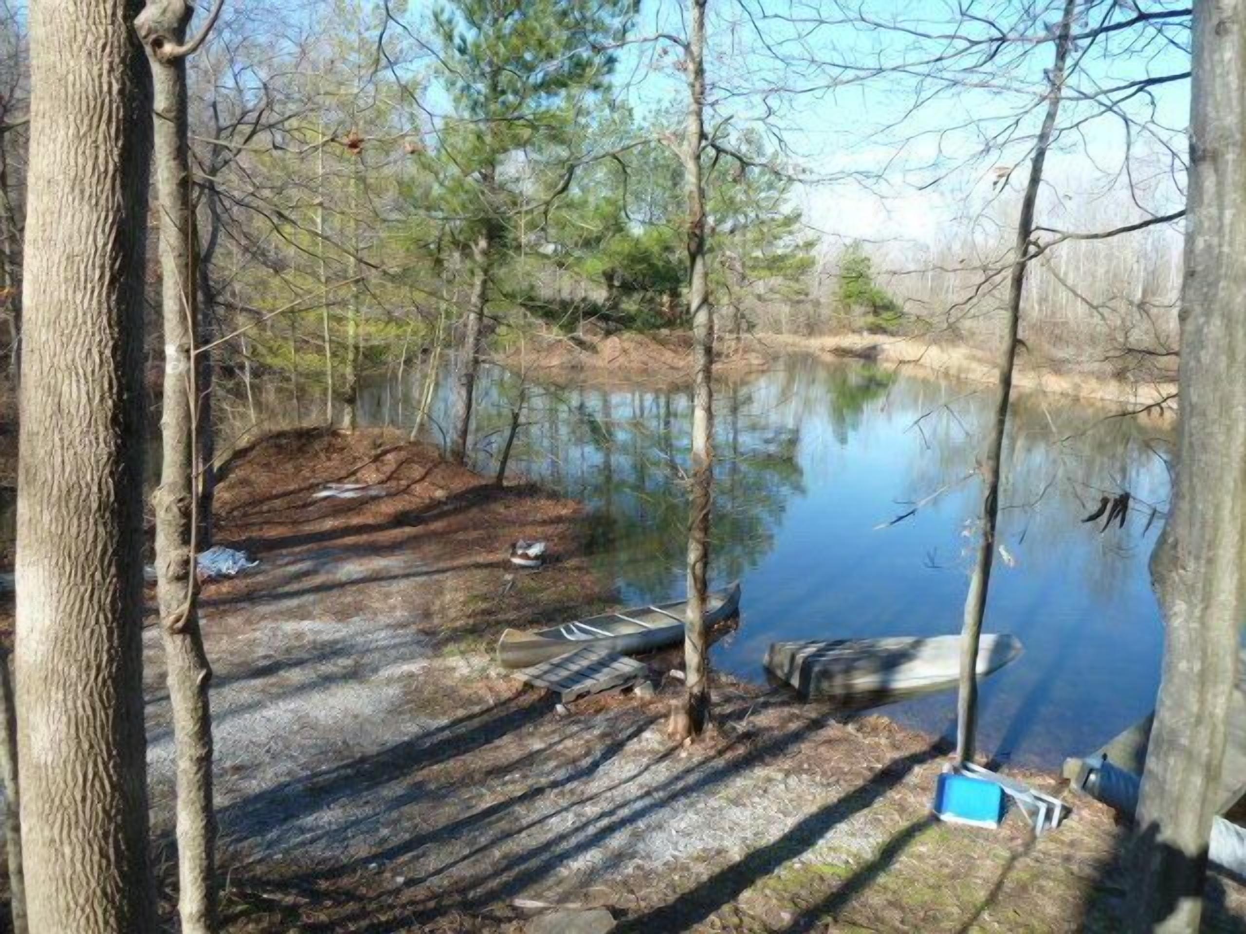 Un terrain de camping avec une tente, une table de pique-nique et un canoë, au bord d’un lac paisible entouré d’arbres.