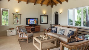 Amplia sala de estar con techo alto, muebles de madera, televisor y ventanas grandes con vistas a zonas verdes.
