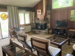 Smart TV, caminetto, lettore DVD, libri