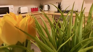 Eine Küche mit Holzausstattung, einer Mikrowelle, einem Toaster und einer Pflanze mit grünen Blättern.