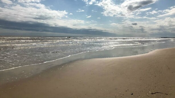 Une plage avec un large rivage sablonneux et des vagues douces.