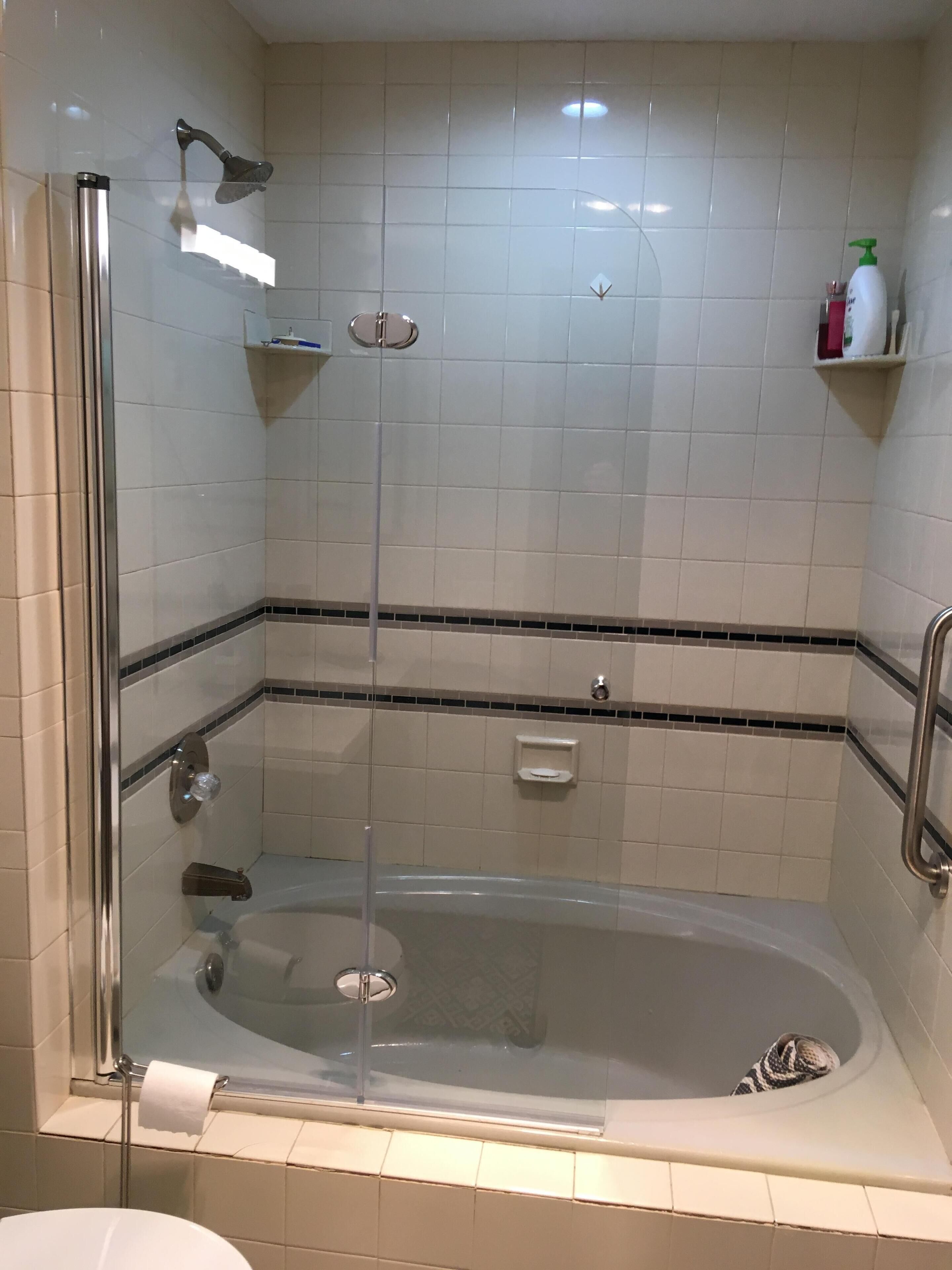 Combined shower/tub, hair dryer, towels, soap