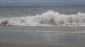 Une plage où les vagues se brisent sur le rivage sous un ciel nuageux.