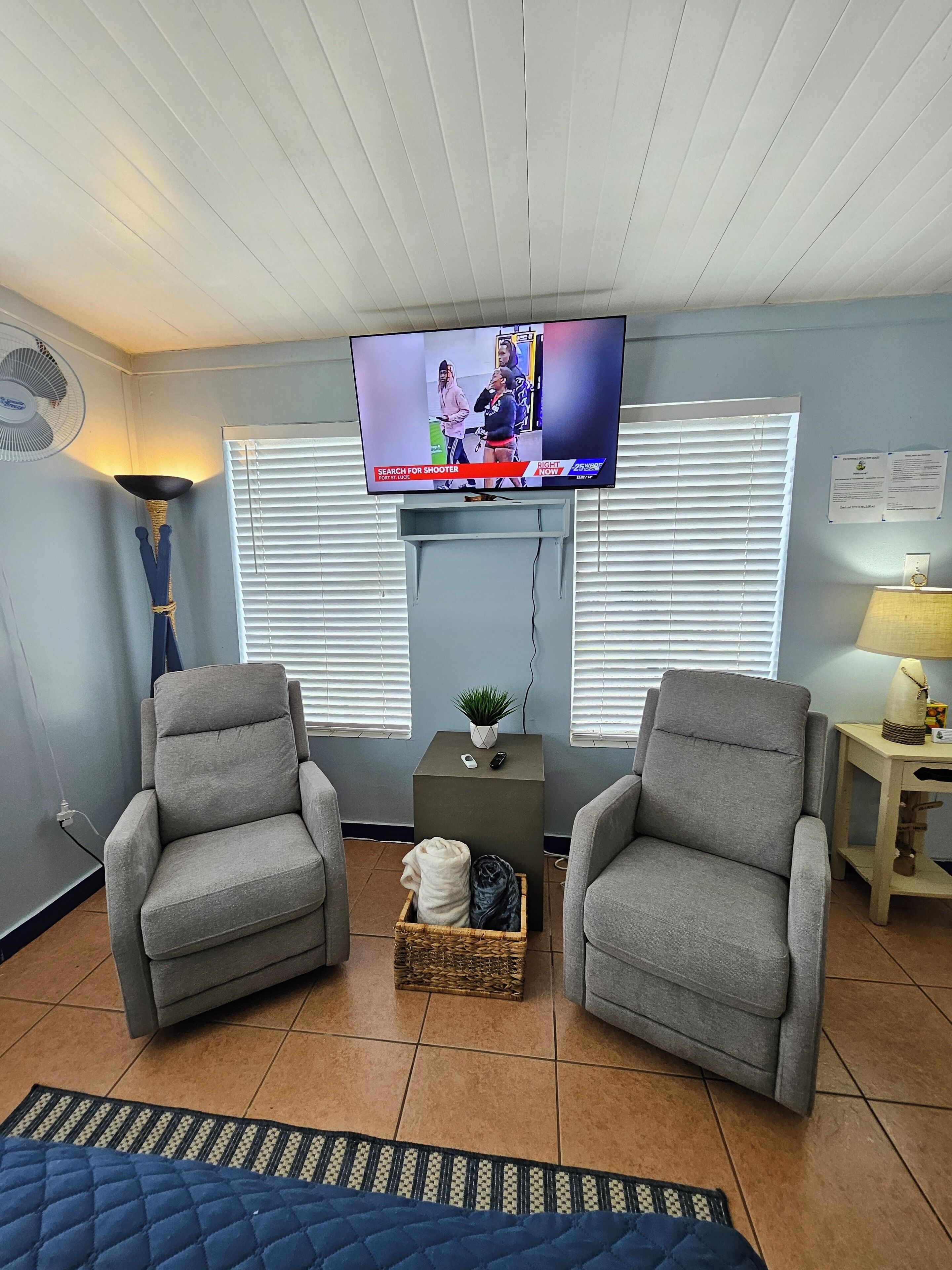 Un salon avec deux fauteuils gris, un téléviseur fixé au mur, une petite table avec une plante et une fenêtre avec des stores.