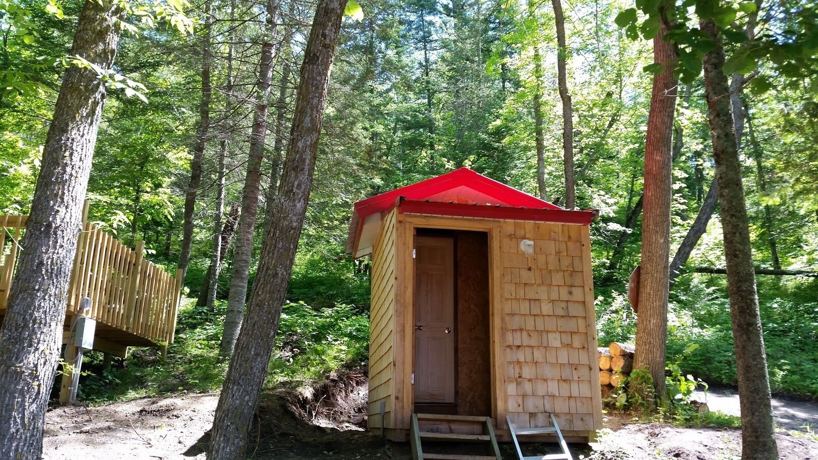 Una pequeña cabaña de madera con techo rojo, rodeada de árboles en un bosque.
