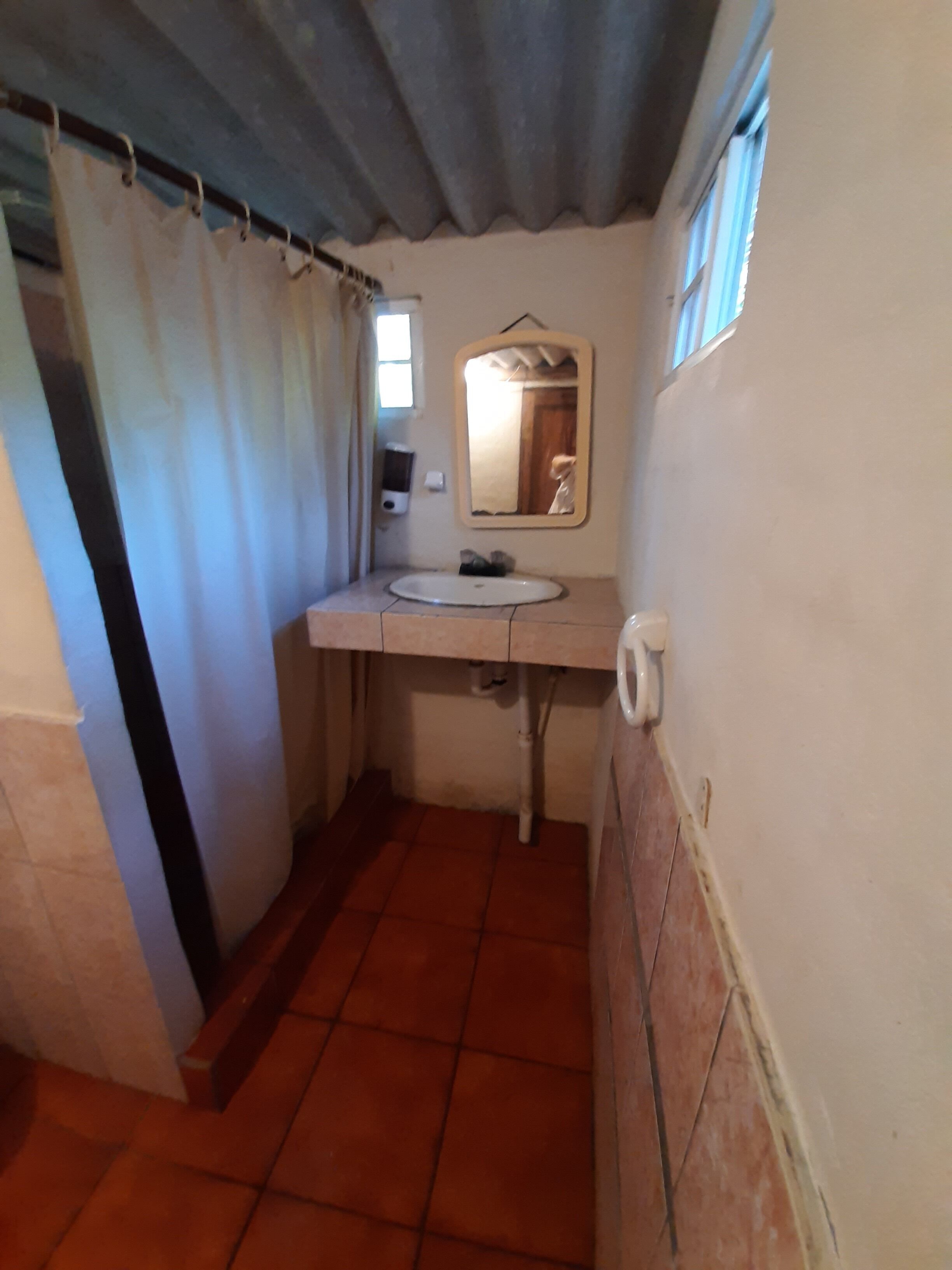 A small bathroom with a single sink, a mirror, and a shower curtain.