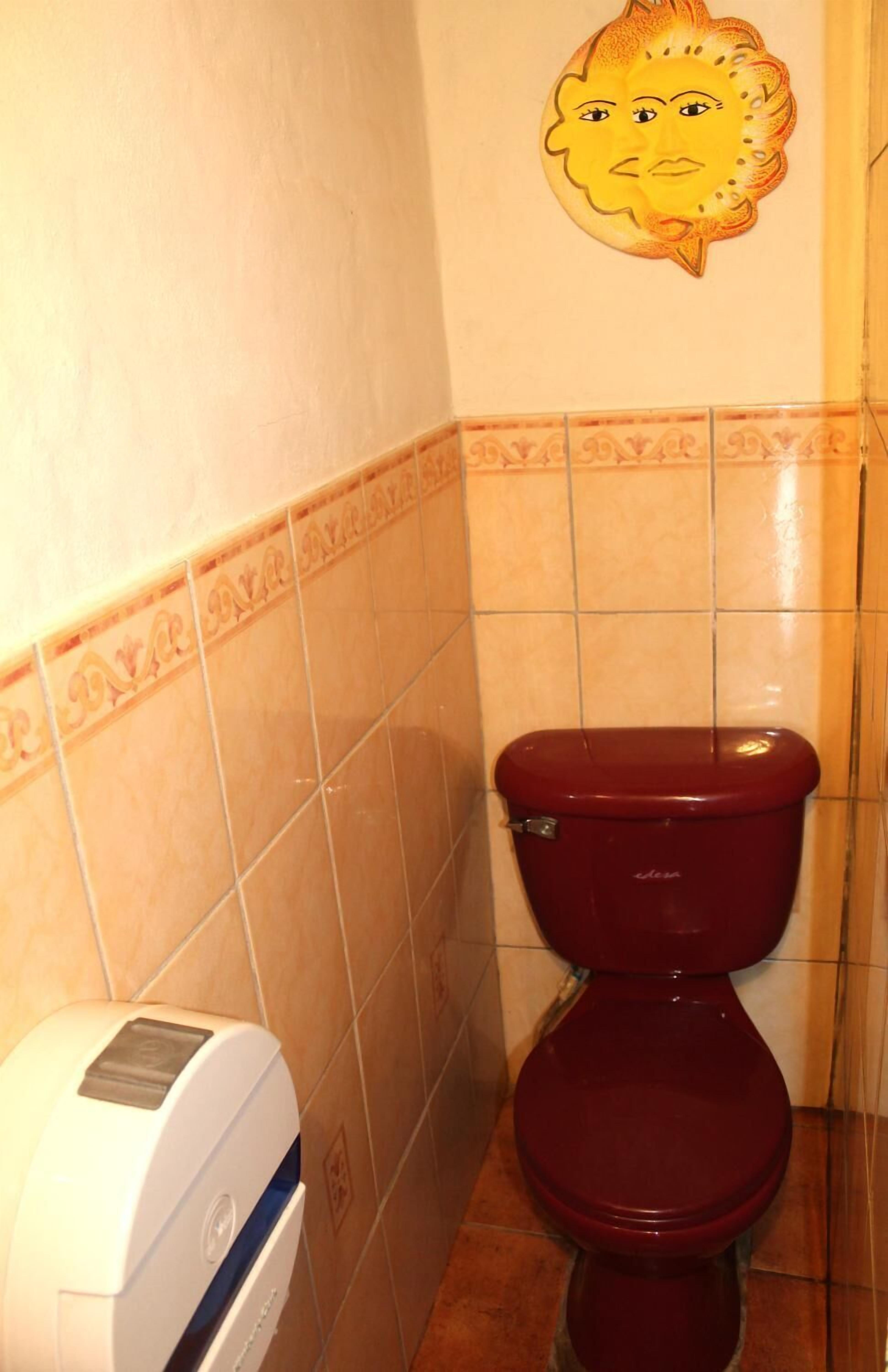 Een badkamer met een rood toilet, een handdroger en een decoratieve zon aan de muur.