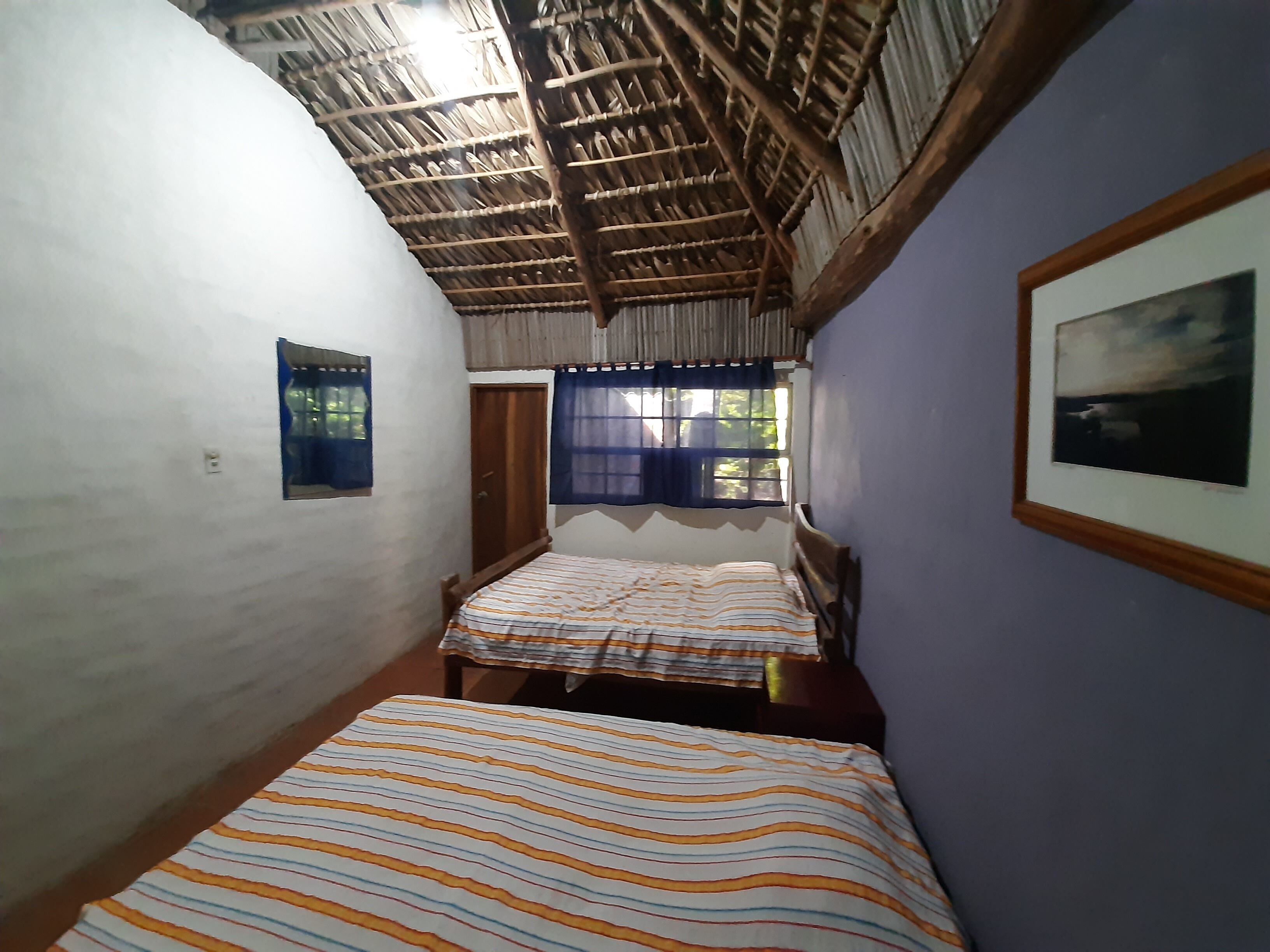 A narrow room with two beds, a wooden ceiling, a window with curtains, and a framed picture on the wall.
