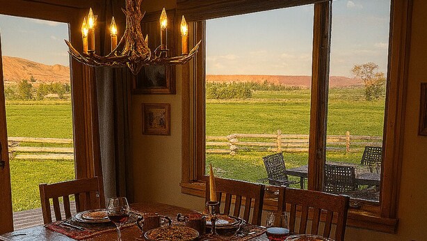 Comedor con una mesa grande dispuesta para seis personas, una araña y vistas a un campo verde a través de amplios ventanales.