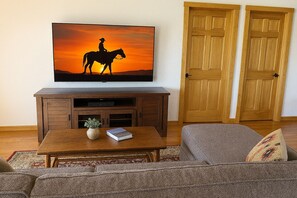 Smart-tv, dvd-spelare, böcker och ett filmbibliotek