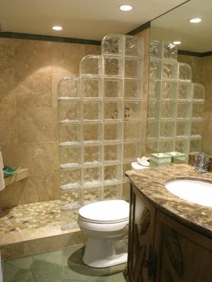 Shower, hair dryer, towels, toilet paper - Welcome to our luxury one bedroom Eco-Friendly Honeymoon Suite condo. (wailuku)