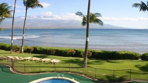 Une piscine avec vue sur l’océan, des palmiers et un espace verdoyant équipé de chaises longues.