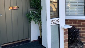 Entrada de uma casa com porta cinza, planta verde e caixa de correio.