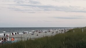 Uma praia com pessoas caminhando e sentadas, uma área gramada e o oceano ao fundo.