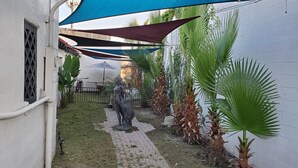 A narrow courtyard with a statue, potted plants, and a paved walkway.