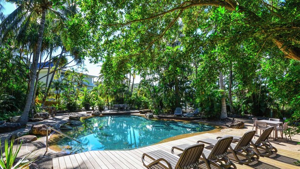 Une terrasse en bois avec des chaises longues et une piscine, le tout entouré d’une végétation luxuriante.