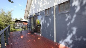 A wooden deck with a metal railing, a glass door leading to a room, and a grey building facade.