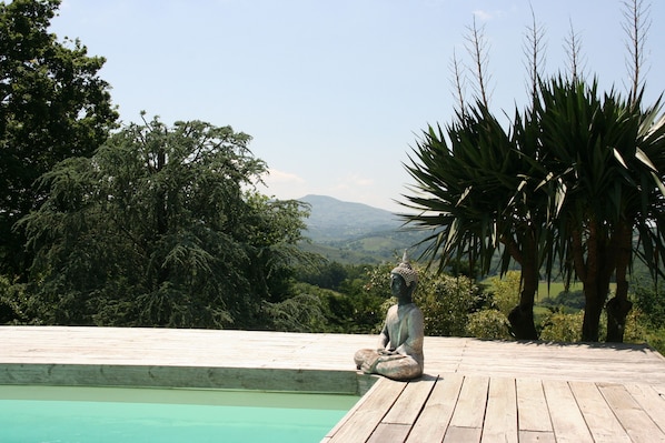 Seasonal outdoor pool, open 11:00 AM to 8:00 PM, pool umbrellas