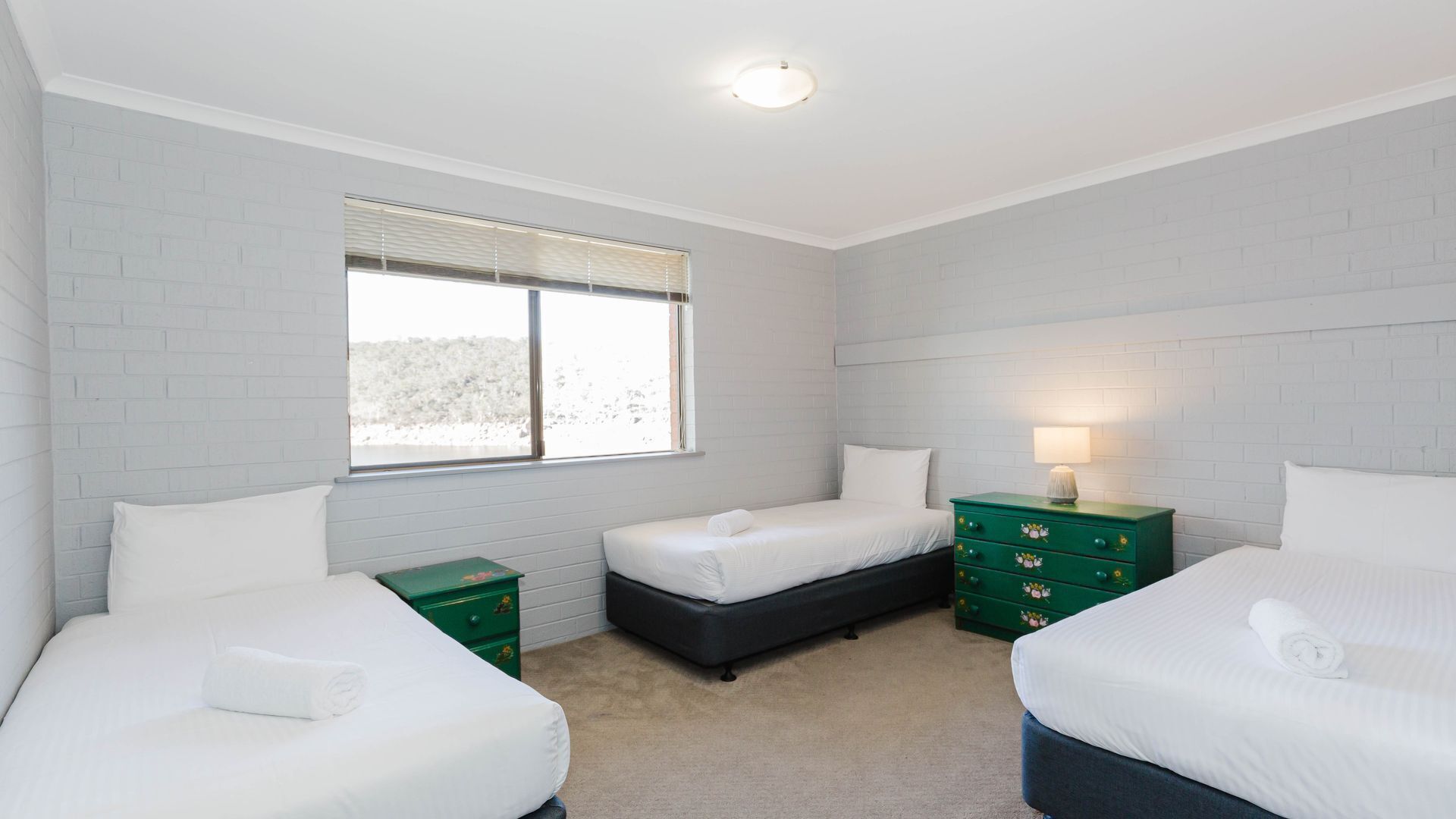 Une chambre avec deux lits simples, une fenêtre avec des stores, une commode verte et une lampe.