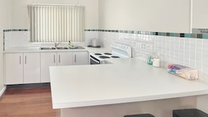 Fridge, microwave, stovetop, toaster