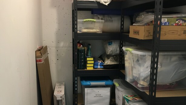 A storage room with shelves containing various items including boxes, bags, and containers.