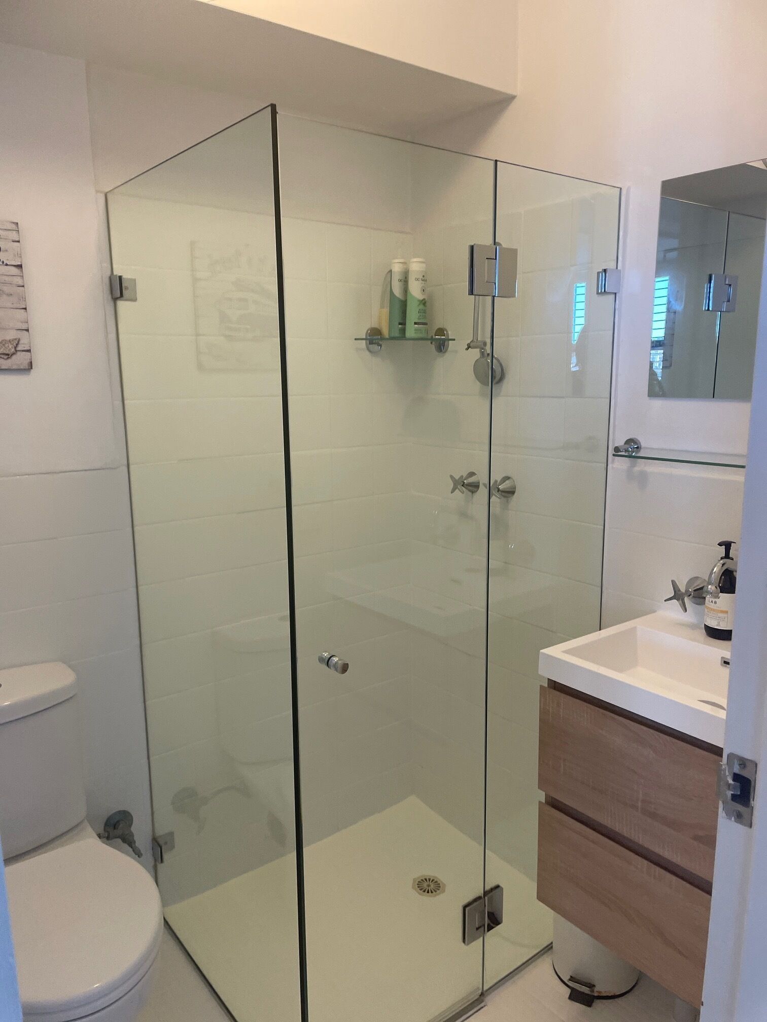 Une salle de bain moderne avec une douche à parois de verre, un lavabo blanc et un meuble-lavabo en bois.