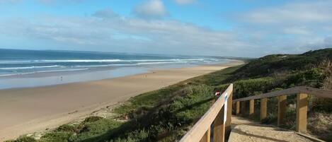 En la playa y camastros