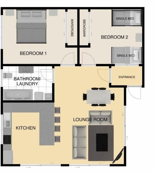 A floor plan of a hotel with two bedrooms, a bathroom/laundry, a kitchen, and a lounge room.