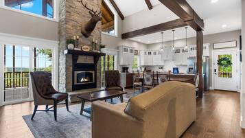 Televisie, een open haard, videospelletjes en een dvd-speler