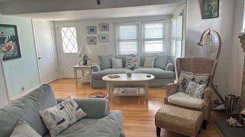 Smart-TV, peis, DVD-spiller og bøker