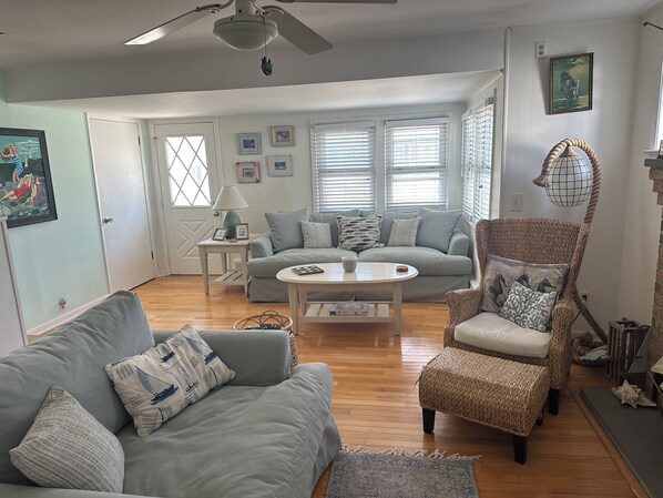 Älytelevisio, takka, DVD-soitin, kirjoja