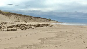 Ein Strand mit sandigem Ufer, einer grasbewachsen Klippe und einem bewölkten Himmel.