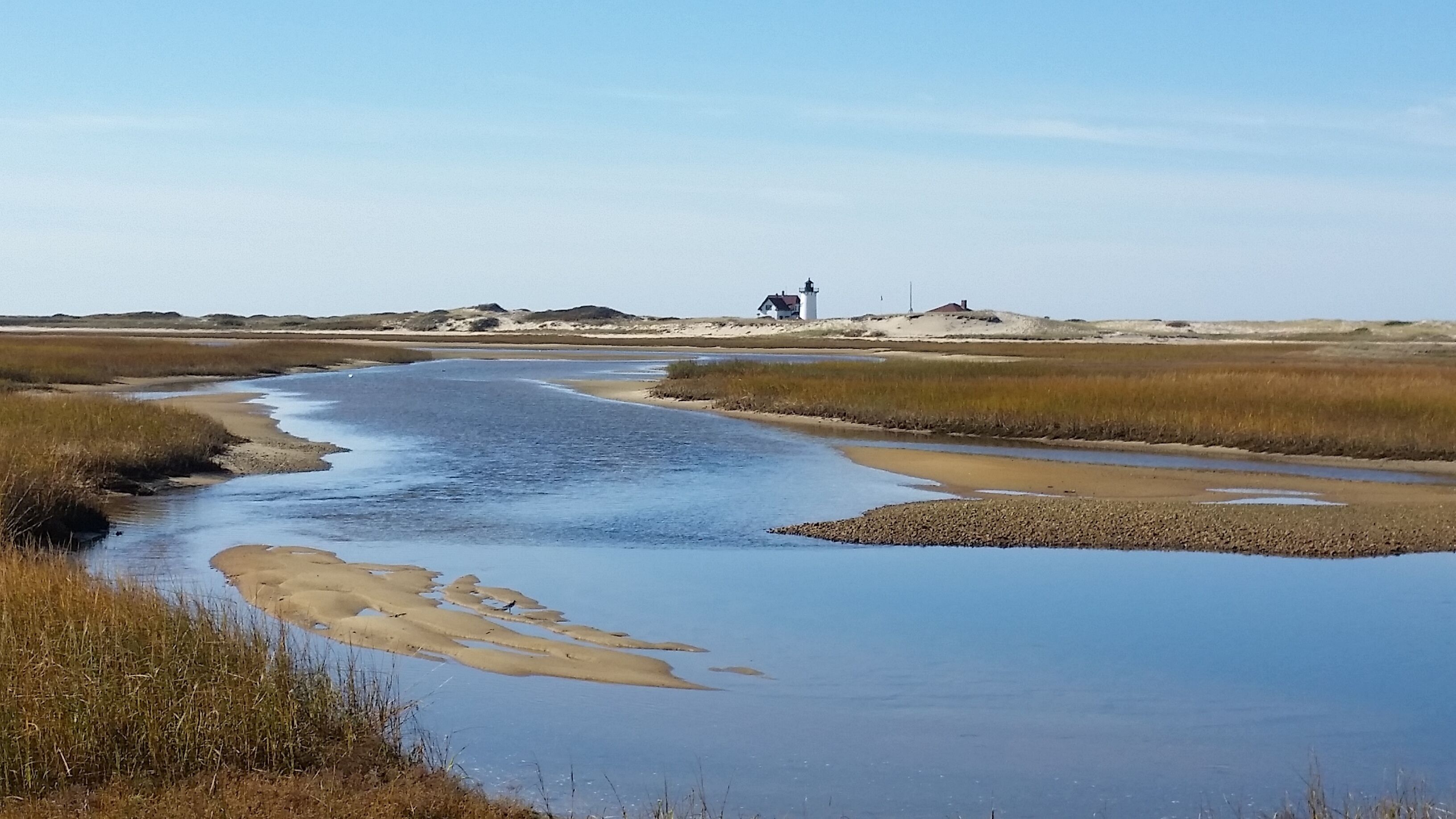 Un paysage côtier où une rivière serpente à travers une zone marécageuse, avant de se jeter vers un phare.