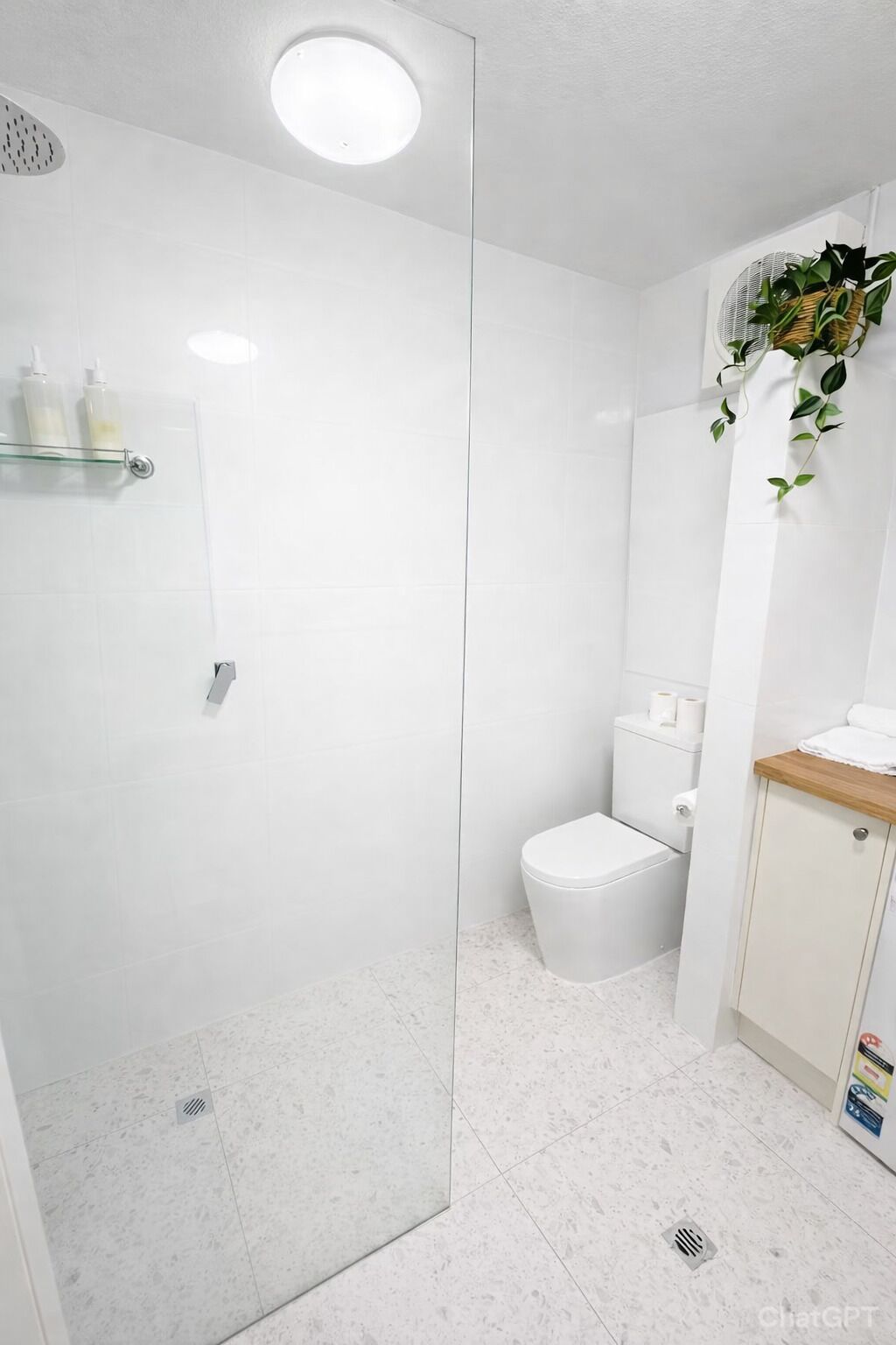 A modern bathroom with a glass shower enclosure, a toilet, and a sink area with a wooden countertop.