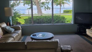 A living room with a large window, a sofa, a coffee table, and a television.
