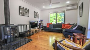 Una sala de estar con chimenea, sofá, televisor y estantería.