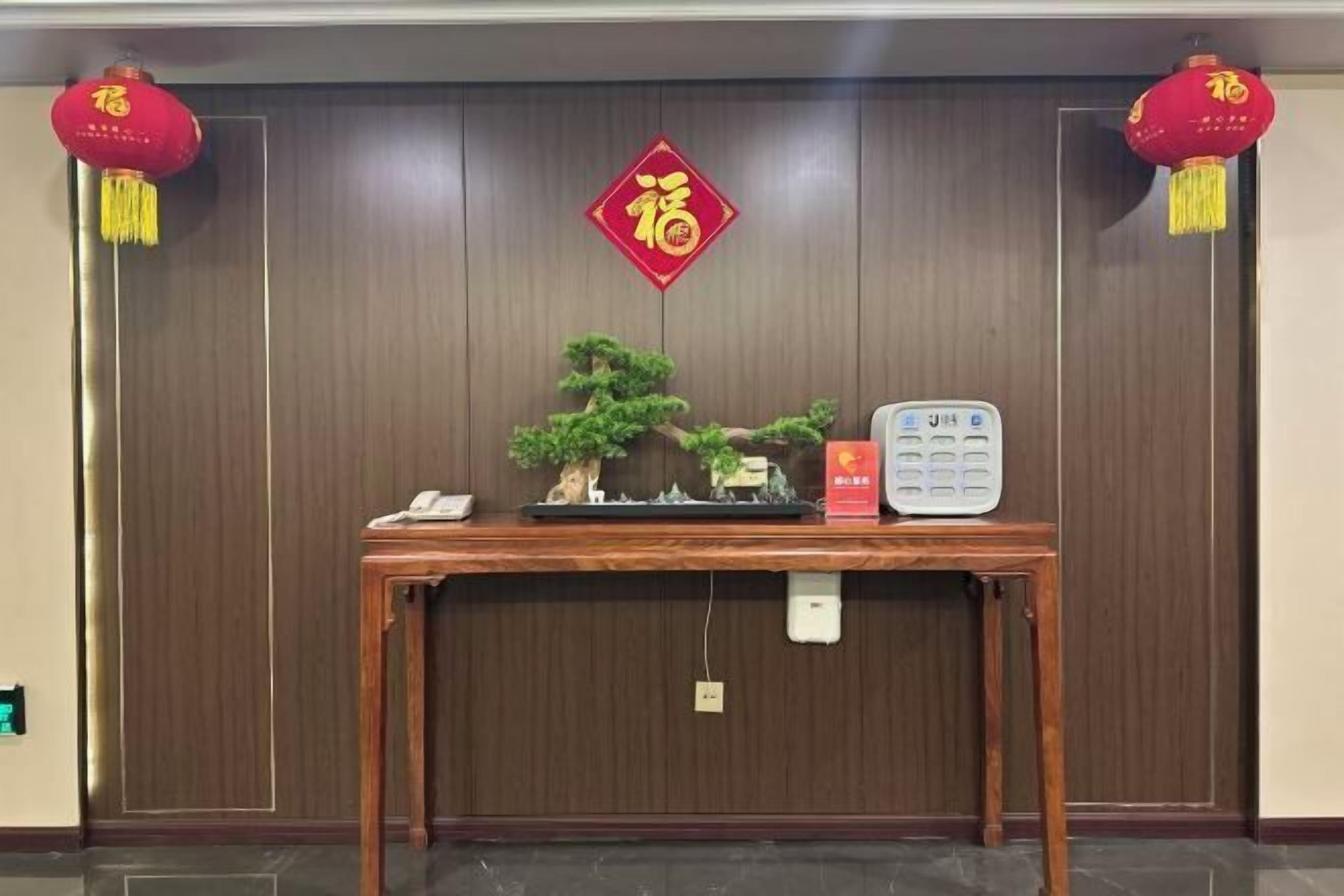Un comptoir d’accueil avec un téléphone, une petite plante en pot, un objet décoratif rouge et un présentoir à cartes.