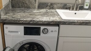 A compact laundry area with a front-loading washing machine and a sink. - Guesthouse, with quail, cactus, & desert. (Florence)