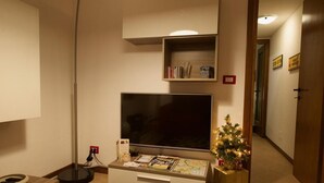 Un saló amb una televisió de pantalla plana, una petita biblioteca, un arbre de Nadal decoratiu i una làmpada de peu.