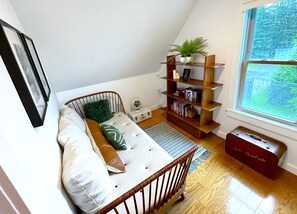 DVD player, books, music library, stereo