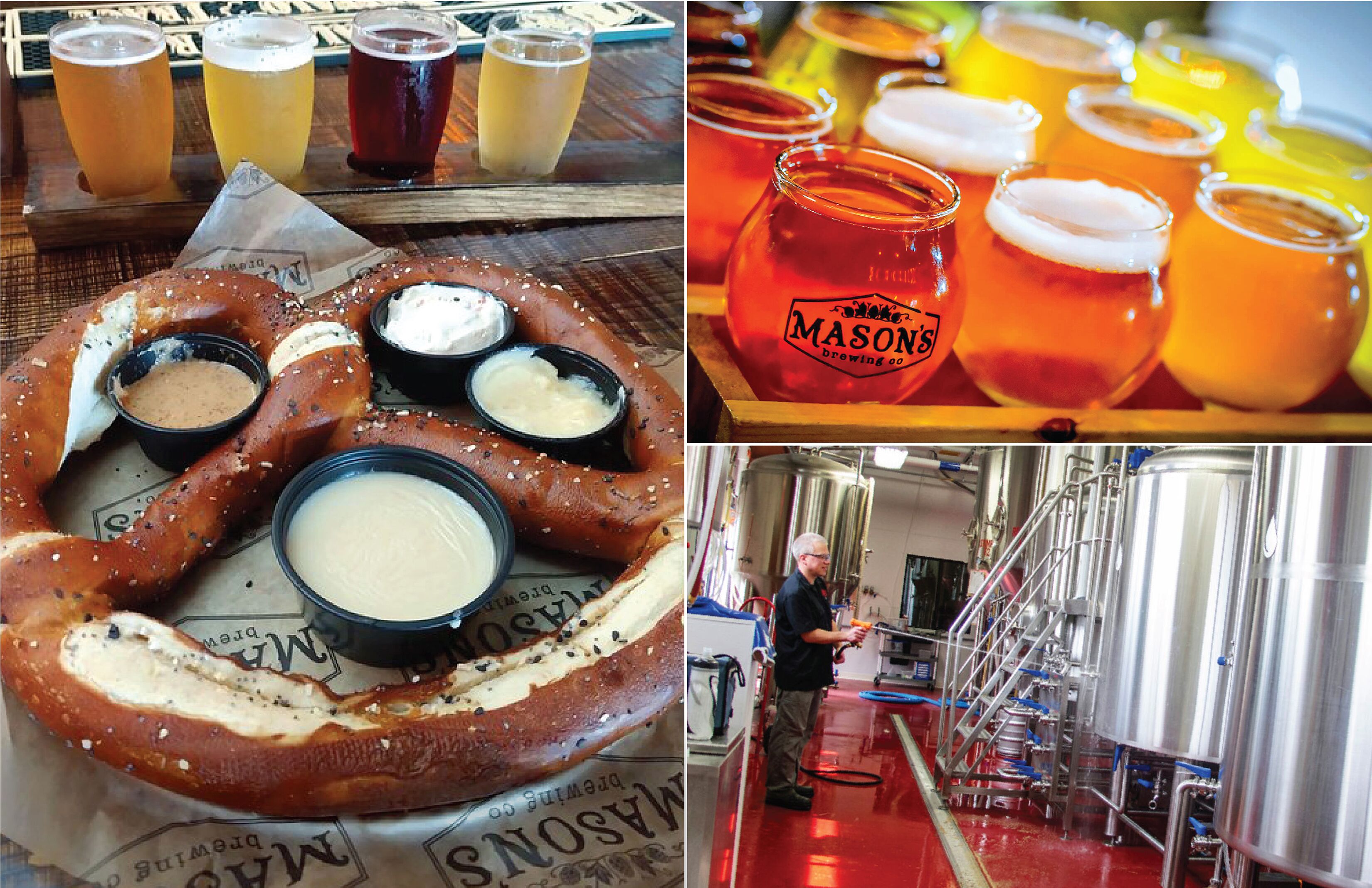 Un pretzel con salsas para mojar, varias cervezas y una cervecería.