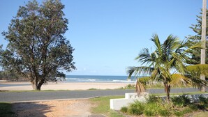 Eine Küstenstraße führt zu einem Strand, rechts erhebt sich eine große Baumgruppe mit Palmen.