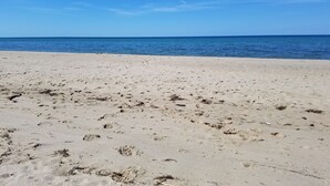 A sandy beach with footprints and seaweed, leading to a calm sea under a clear sky. - NEWLY RENOVATED, LARGE, SERENE, SUNNY  HOME ON PRIVATE ROAD (North Truro)