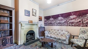 Smart TV, fireplace, books